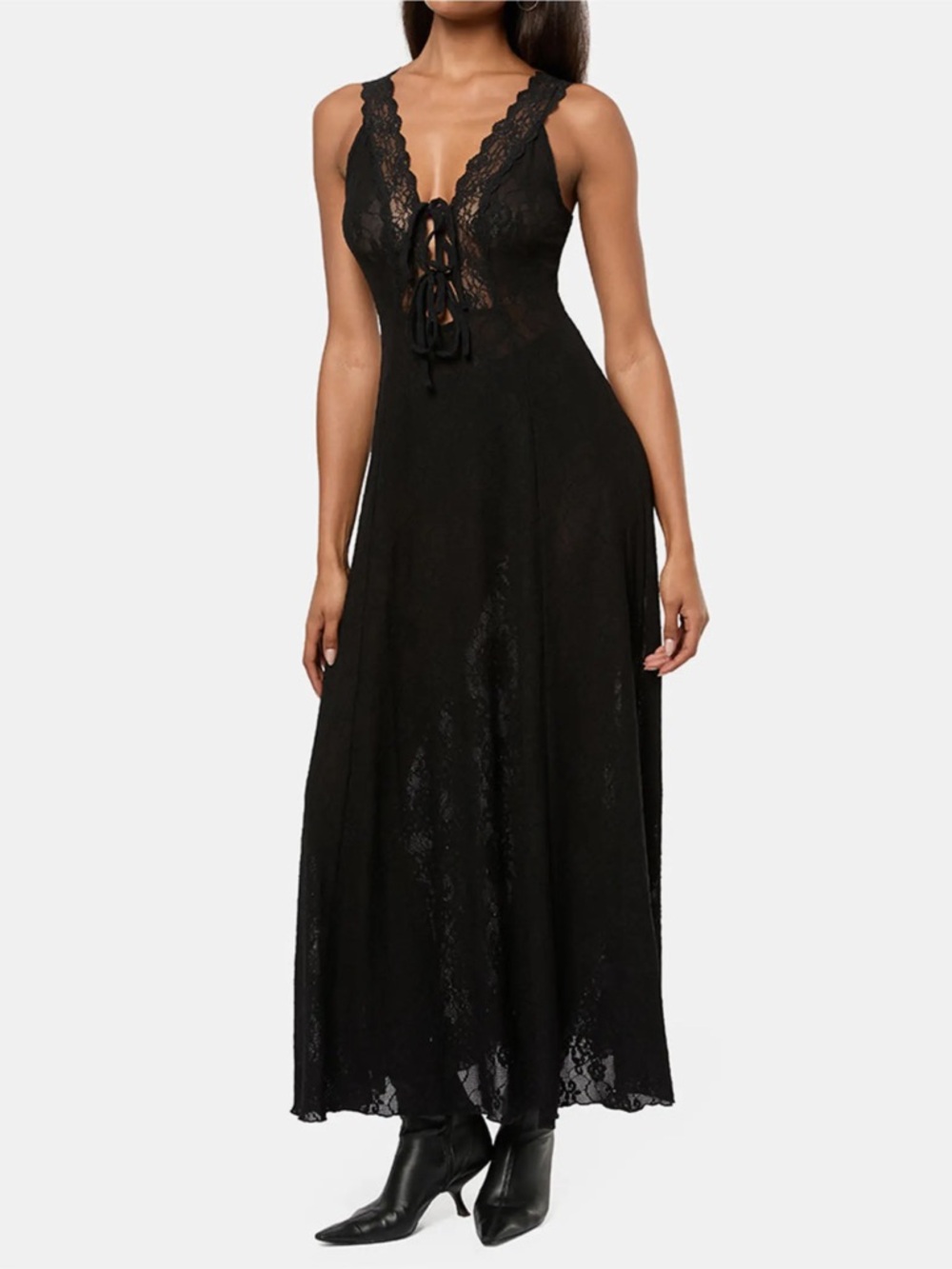 NWT WEWOREWHAT Lace Tie Front Midi Dress Women’s XS Black 7181